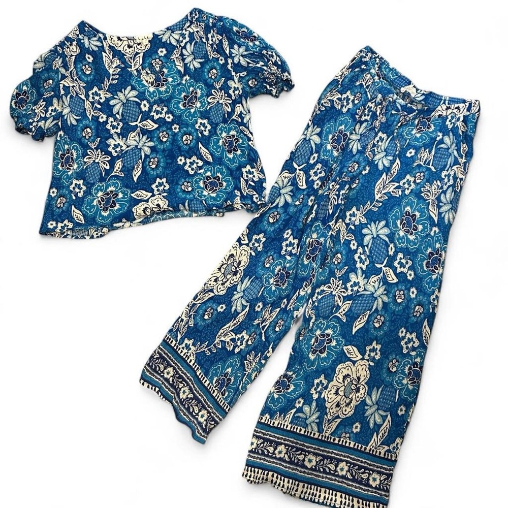 Blue Floral Two-Piece Set Womens Large Top & Small Pants Resort Beach Pool - Picture 3 of 8